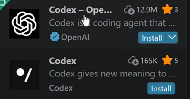 VS Code Extensions search results for codex: the first result is Codex – OpenAI's coding agent, publisher OpenAI with a blue verified tick and an Install button; below it another extension also named Codex from a different publisher.