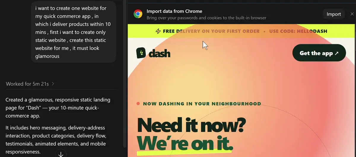 Agent chat on the left with the prompt about a glamorous static website for a 10-minute quick commerce app, then a summary: a glamorous, responsive static landing page with hero messaging, delivery-address interaction, product categories, delivery flow, testimonials, animated elements and mobile responsiveness. On the right a browser preview of the page: a free delivery banner, a dash logo with a Get the app button, and the heading Need it now? We're on it.