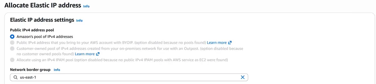 EC2 console, Allocate Elastic IP address page: Elastic IP address settings, Public IPv4 address pool with Amazon's pool of IPv4 addresses selected and three other options greyed out, and Network border group set to us-east-1.
