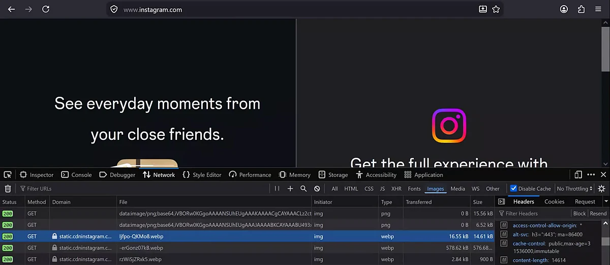 Firefox DevTools Network panel filtered to Images on a website. Image rows come from static.cdninstagram.com, and the Headers pane shows cache-control: public,max-age=31536000,immutable, wrapped onto two lines.