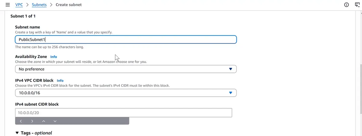 AWS console Create subnet form