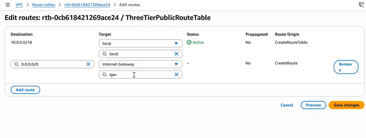 AWS console Edit routes with a 0.0.0.0/0 route to the internet gateway