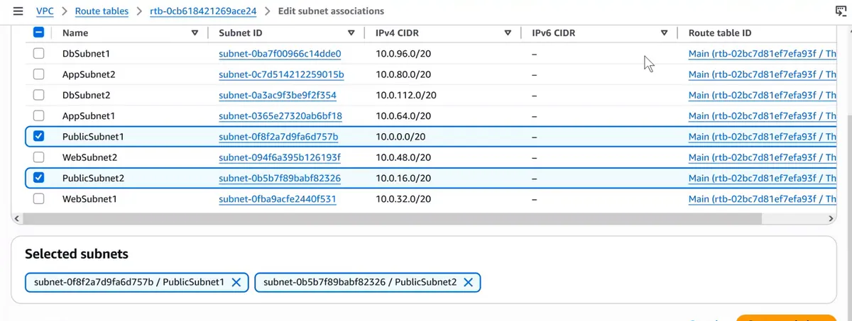 AWS console Edit subnet associations with the two public subnets selected
