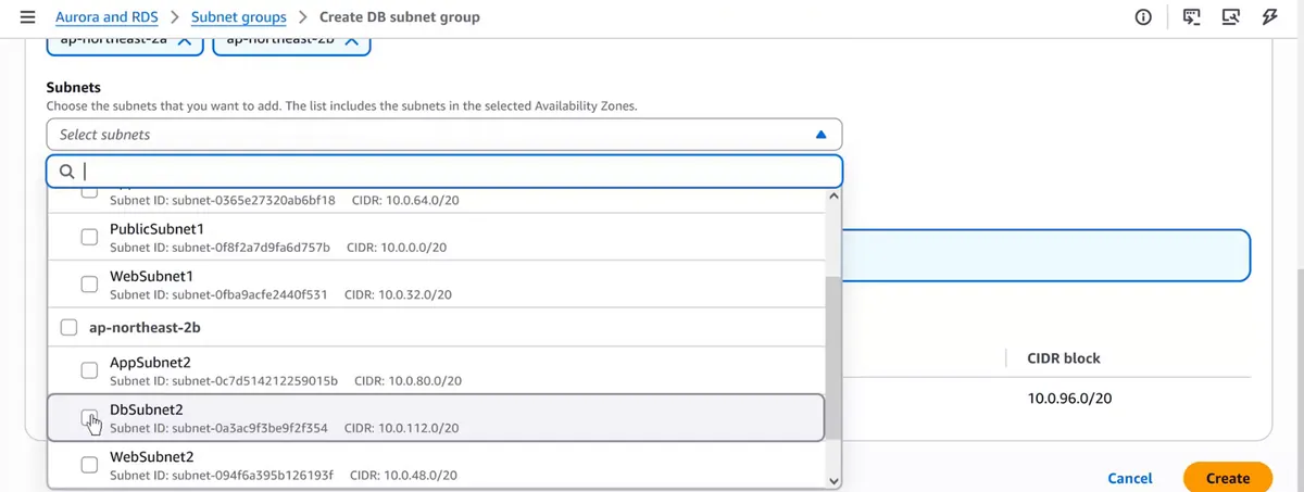 AWS console Create DB subnet group subnet selection