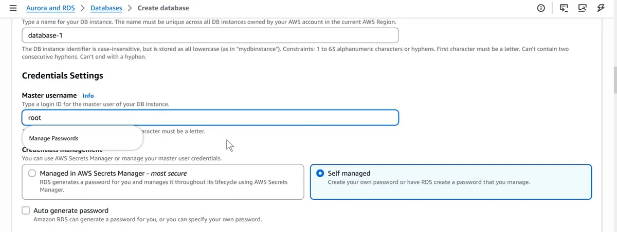AWS console RDS credentials settings