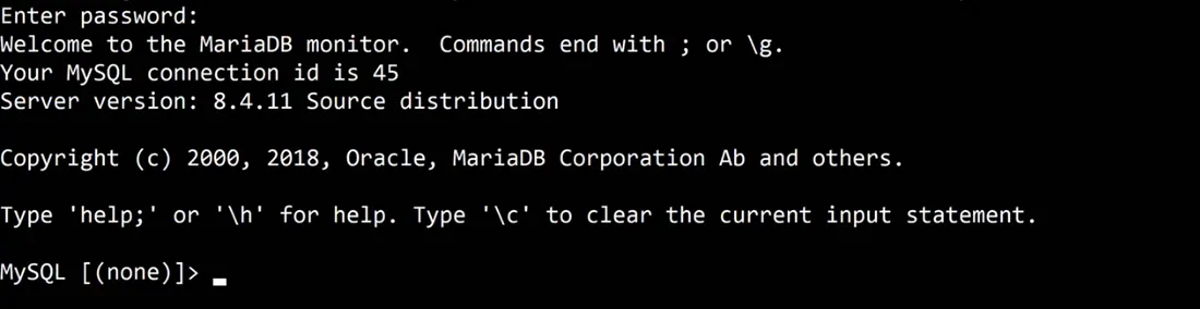 Terminal with the MySQL client connected to RDS