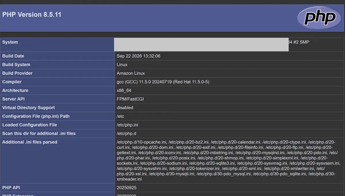 Browser showing the phpinfo page