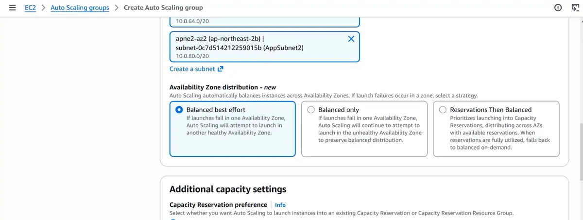 AWS console Auto Scaling AZ distribution options