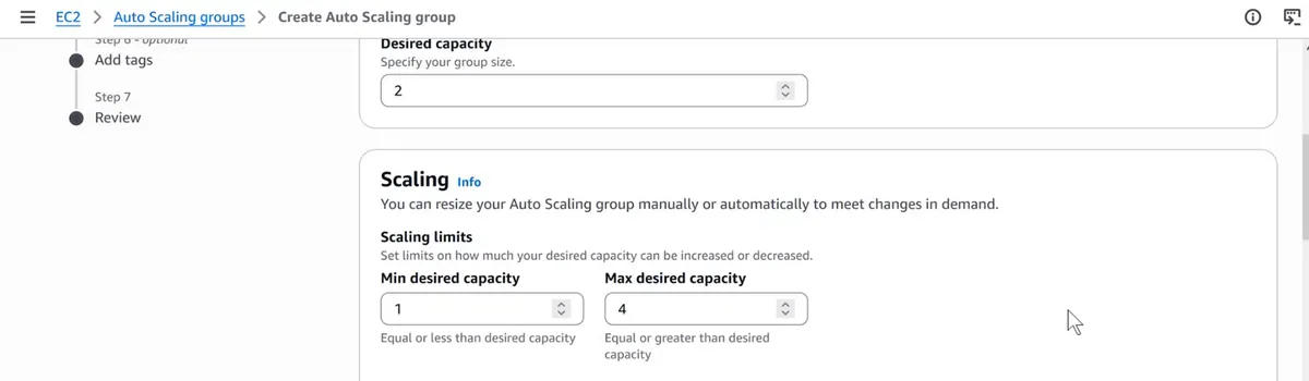 AWS console Auto Scaling group size