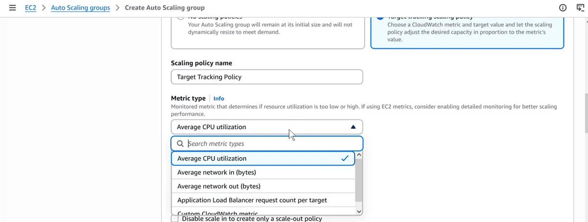 AWS console target tracking policy metric list