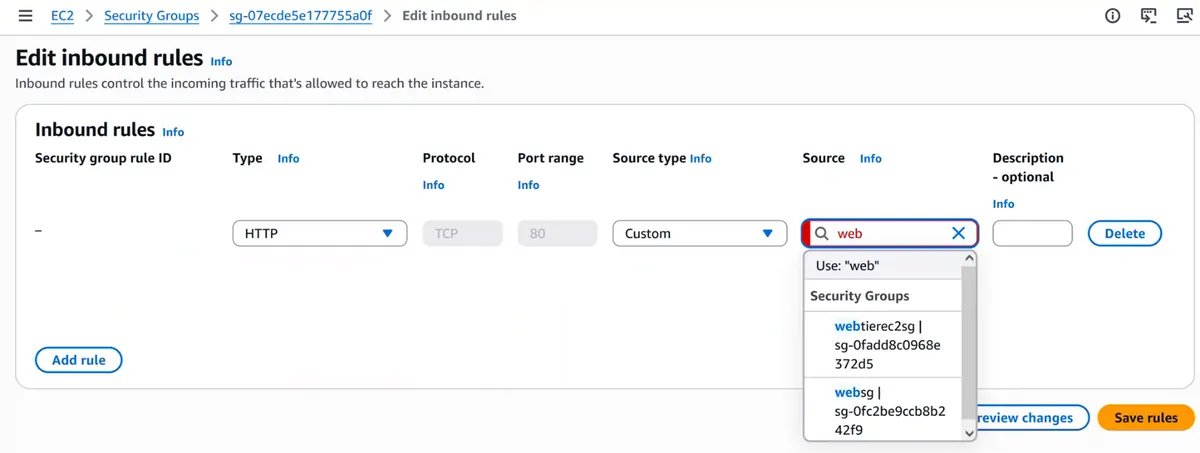 AWS console Edit inbound rules with a security group as source