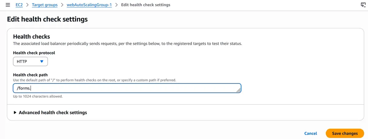 AWS console Edit health check settings