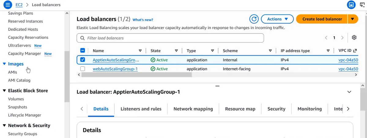 AWS console list of two load balancers
