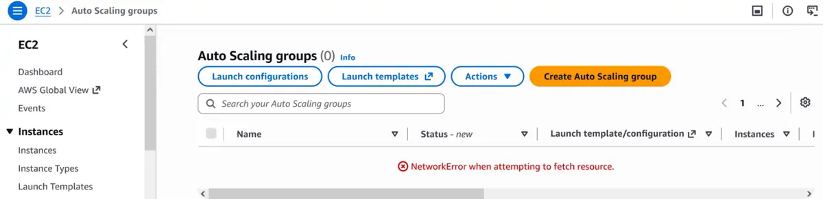 AWS console Auto Scaling groups page with a NetworkError message