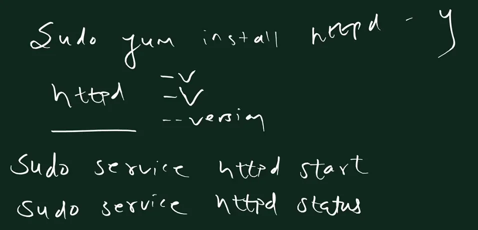 Handwritten board: sudo yum install httpd -y; httpd with -v, -V and --version; sudo service httpd start; sudo service httpd status.