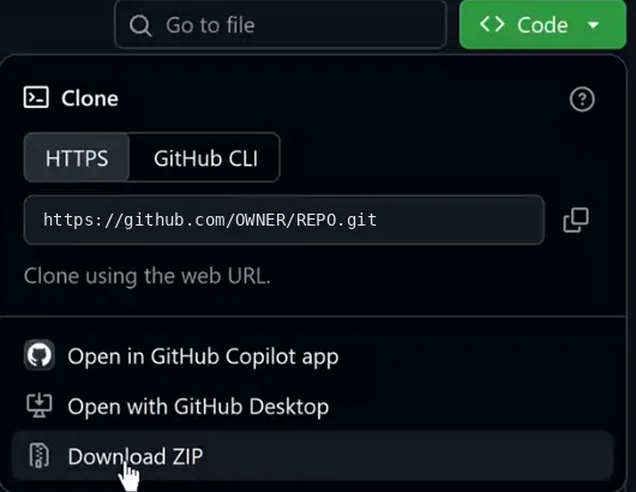 GitHub Code dropdown: Clone section with HTTPS and GitHub CLI tabs, a clone URL https://github.com/OWNER/REPO.git with a copy button, Clone using the web URL, then Open in GitHub Copilot app, Open with GitHub Desktop, and Download ZIP with the mouse pointer on it.