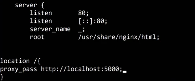 A black terminal with nano open on nginx.conf: server {, listen 80;, listen [::]:80;, server_name _;, root /usr/share/nginx/html;, then location /{, proxy_pass http://localhost:5000; and a closing brace.