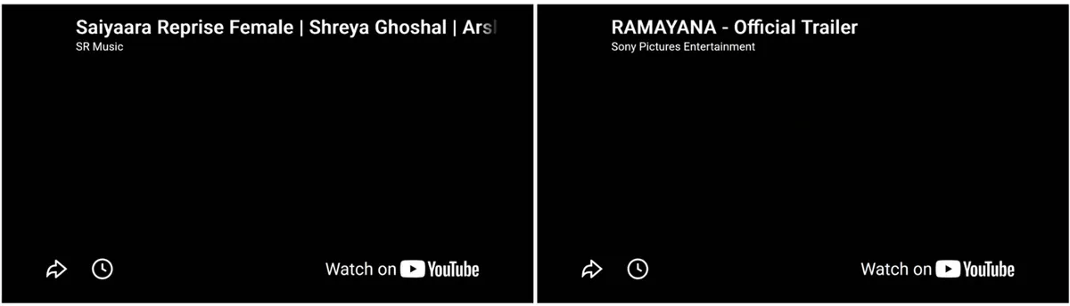 A web page with two YouTube players side by side, a song on the left and a movie trailer on the right, each showing its title and a Watch on YouTube button.