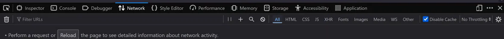 Firefox developer tools with the Network tab selected; the toolbar shows filter buttons All, HTML, CSS, JS, XHR, Fonts, Images, Media, WS, Other and a ticked Disable Cache checkbox next to No Throttling; below, Perform a request or Reload the page to see detailed information about network activity.