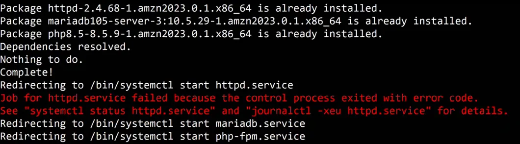 Terminal: httpd, mariadb105-server and php8.5 are already installed; Redirecting to /bin/systemctl start httpd.service, then in red Job for httpd.service failed because the control process exited with error code, see systemctl status httpd.service and journalctl -xeu httpd.service for details; then mariadb.service and php-fpm.service start.