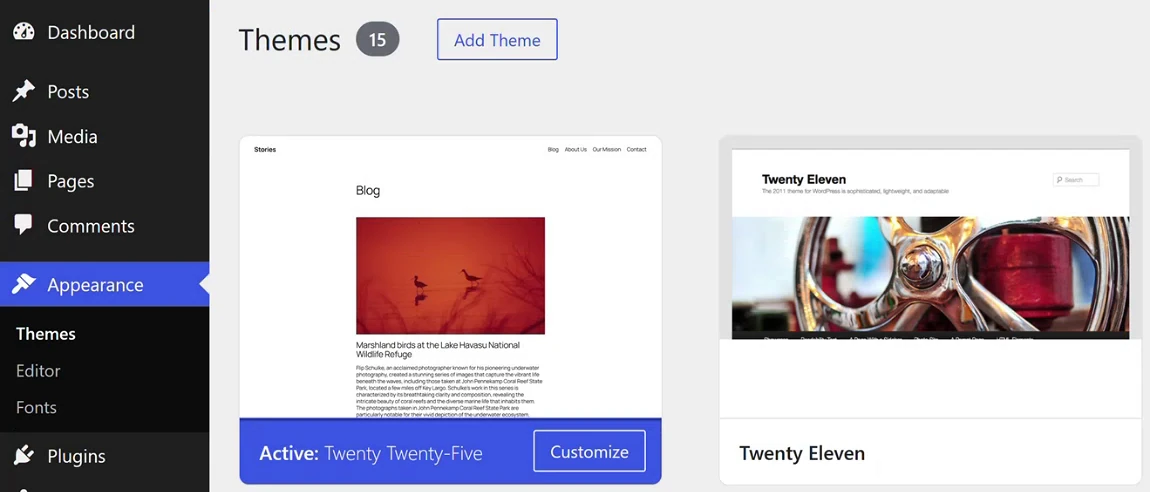 WordPress admin with Appearance > Themes selected in the left menu. The page title Themes with the count 15 and an Add Theme button. Two theme cards: Twenty Twenty-Five marked Active with a Customize button, showing a blog preview with a red photo of birds, and Twenty Eleven showing a close-up photo of a wheel.