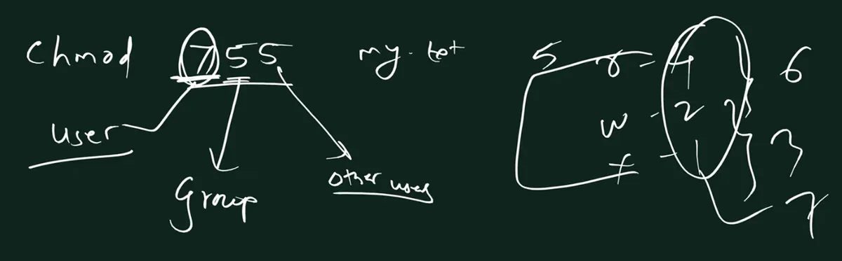 Handwritten board: chmod 755 my.txt with the 7 circled and arrows to user, group and other users; on the right r, w and x with 4, 2 and 1 next to them, brackets adding up to 6, 3 and 7, and a 5 joining r and x.