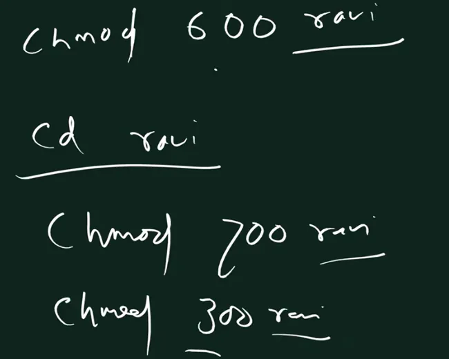 Handwritten board: chmod 600 ravi, cd ravi underlined, chmod 700 ravi, and chmod 300 ravi with 300 underlined.