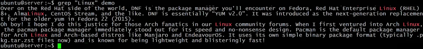 Terminal: the command grep "Linux" demo, followed by three lines of text about package managers in which each Linux is highlighted in red, then the prompt again.