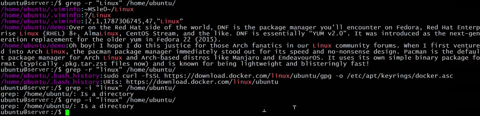 Terminal: grep -r "Linux" /home/ubuntu/ prints matching lines from .viminfo and demo, each starting with the file name in purple; grep -r "linux" prints different lines from .bash_history; two grep -i "linux" /home/ubuntu/ commands each answer grep: /home/ubuntu/: Is a directory.