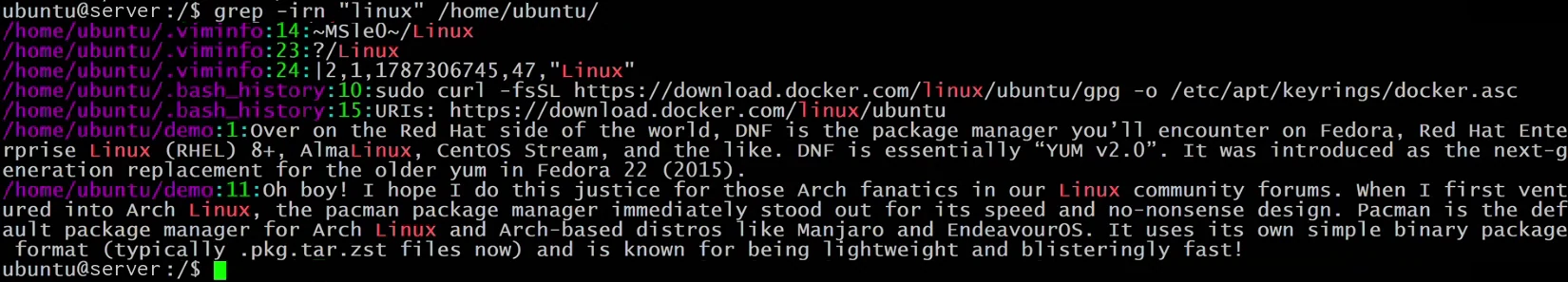 Terminal: grep -irn "linux" /home/ubuntu/ prints matches from .viminfo, .bash_history and demo; each line starts with the file name in purple, a green line number such as 14 or 1, then the text with Linux highlighted.