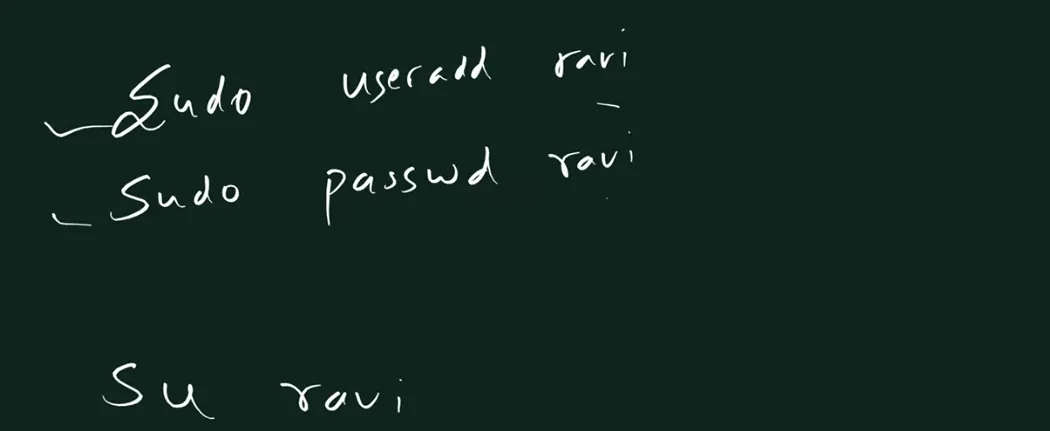 Handwritten board: sudo useradd ravi, sudo passwd ravi, and lower down su ravi.