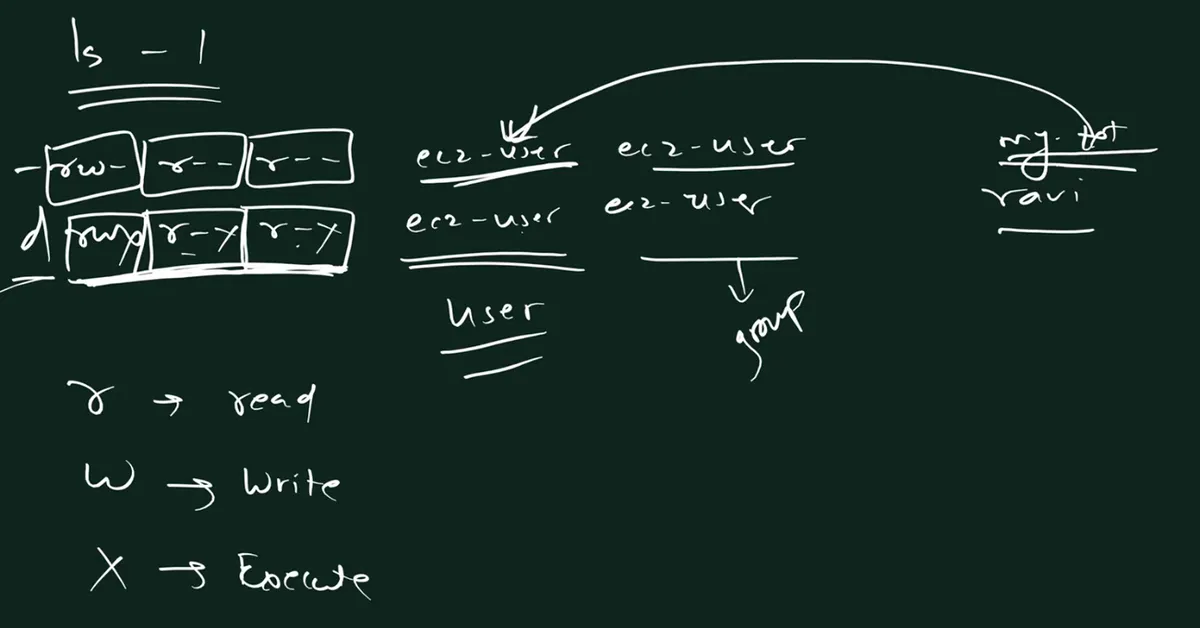 Handwritten board: ls -l at the top; two lines starting with a dash and a d, each followed by three boxed sets of r w x letters; ec2-user ec2-user on each line with user written under the first column and group under the second; an arrow from my.txt to the owner; on the left r arrow read, w arrow write, x arrow execute.