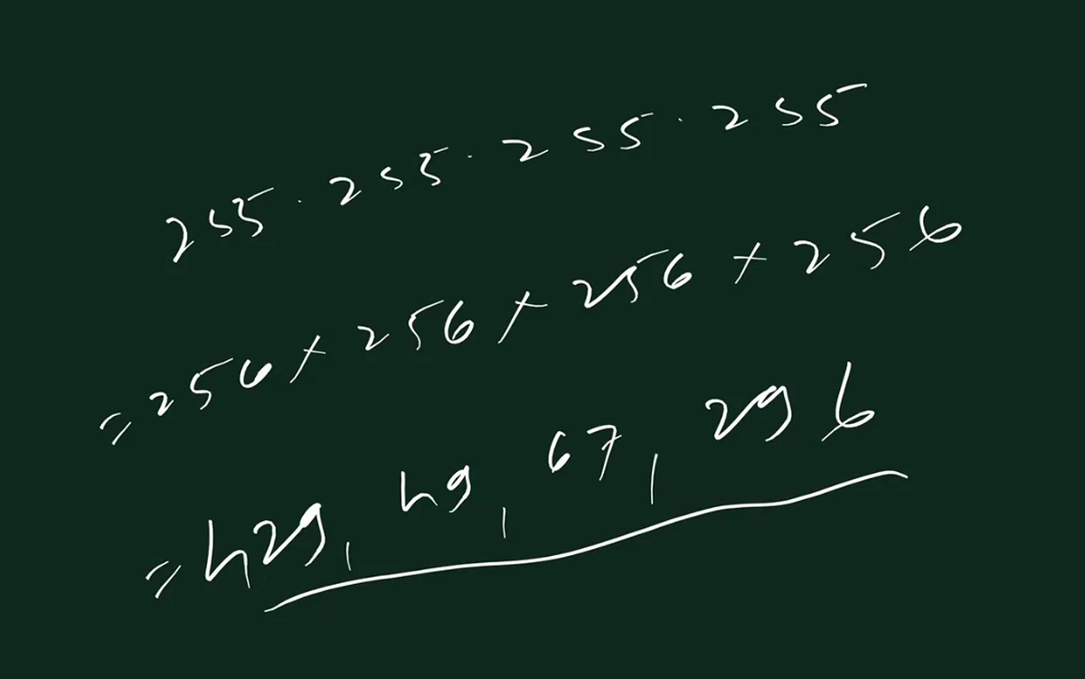 Whiteboard showing 255.255.255.255 and the multiplication 256 × 256 × 256 × 256 = 429,49,67,296.