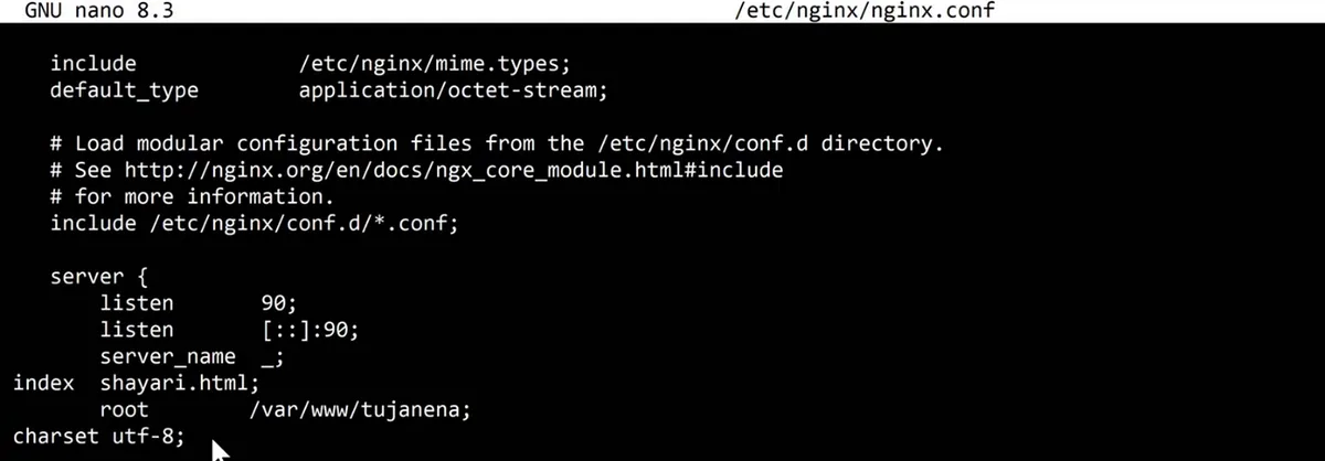 nano showing /etc/nginx/nginx.conf: include /etc/nginx/mime.types, the comment about loading modular files from /etc/nginx/conf.d with include /etc/nginx/conf.d/*.conf, and the server block with listen 90, listen [::]:90, server_name _, an index line, a root line and charset utf-8.