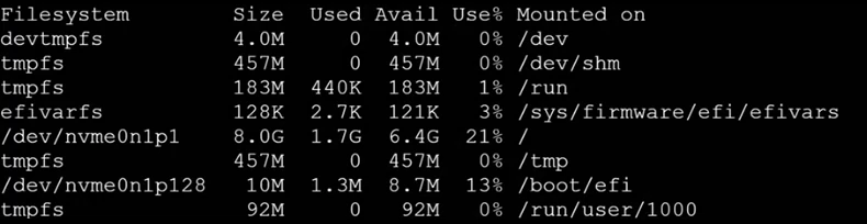 A black terminal with the df -h table: Filesystem, Size, Used, Avail, Use% and Mounted on, with rows for devtmpfs, tmpfs, efivarfs, /dev/nvme0n1p1 of 8.0G mounted on /, /dev/nvme0n1p128 on /boot/efi, and more tmpfs lines.