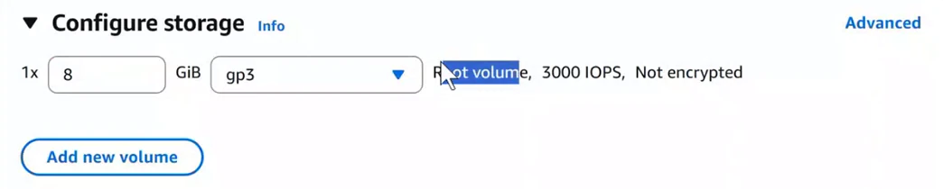 EC2 launch wizard, Configure storage panel: 1x 8 GiB gp3, Root volume, 3000 IOPS, Not encrypted, an Advanced link and an Add new volume button.