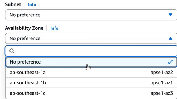 EC2 launch wizard, network settings: Subnet set to No preference and the Availability Zone list open with No preference, ap-southeast-1a, ap-southeast-1b and ap-southeast-1c.