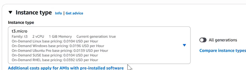 EC2 launch page, Instance type section: t3.micro, Family t3, 2 vCPU, 1 GiB Memory, Current generation true, followed by on-demand prices per hour for Linux 0.0104, Windows 0.0196, Ubuntu Pro 0.0139, SUSE 0.0104 and RHEL 0.0392 USD.