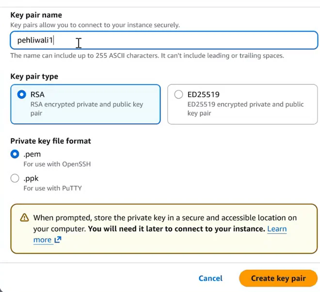 Create key pair dialog: Key pair name pehliwali1; Key pair type RSA selected, ED25519 not selected; Private key file format .pem for use with OpenSSH selected, .ppk for use with PuTTY not selected; a warning to store the private key in a secure place; Cancel and Create key pair buttons.