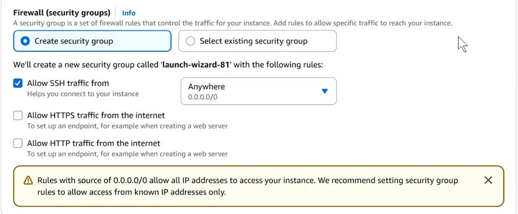 Firewall (security groups) section: Create security group selected; Allow SSH traffic from Anywhere 0.0.0.0/0 ticked; Allow HTTPS and Allow HTTP not ticked; a yellow warning that rules with source 0.0.0.0/0 allow all IP addresses to access the instance and recommending known IP addresses only.