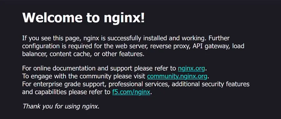 Browser page with the heading Welcome to nginx! and text saying nginx is successfully installed and working, with links to nginx.org and community.nginx.org.