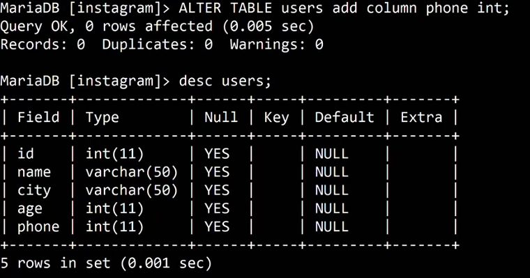 MariaDB terminal: ALTER TABLE users add column phone int; Query OK, 0 rows affected. desc users; lists id int(11), name varchar(50), city varchar(50), age int(11), phone int(11), all Null YES with Default NULL.