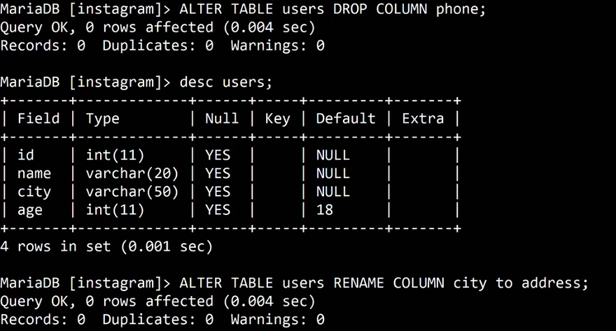 MariaDB terminal: ALTER TABLE users DROP COLUMN phone; Query OK. desc users; lists id int(11), name varchar(20), city varchar(50), age int(11) Default 18. ALTER TABLE users RENAME COLUMN city to address; Query OK, 0 rows affected.