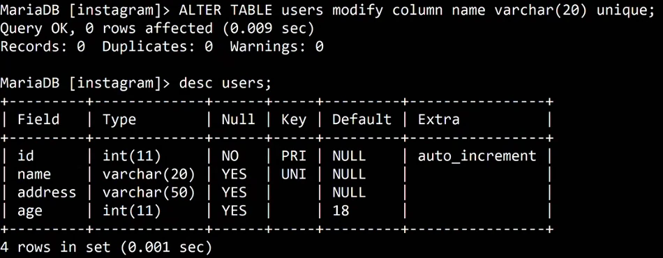 MariaDB terminal: ALTER TABLE users modify column name varchar(20) unique; Query OK, 0 rows affected. desc users; lists id int(11) Null NO Key PRI Extra auto_increment, name varchar(20) Key UNI, address varchar(50), age int(11) Default 18.