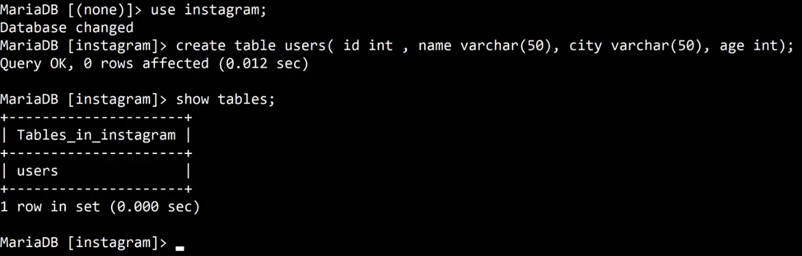 MariaDB terminal: use instagram; answers Database changed; create table users( id int , name varchar(50), city varchar(50), age int); answers Query OK, 0 rows affected; show tables; prints a table with the heading Tables_in_instagram and one row, users.