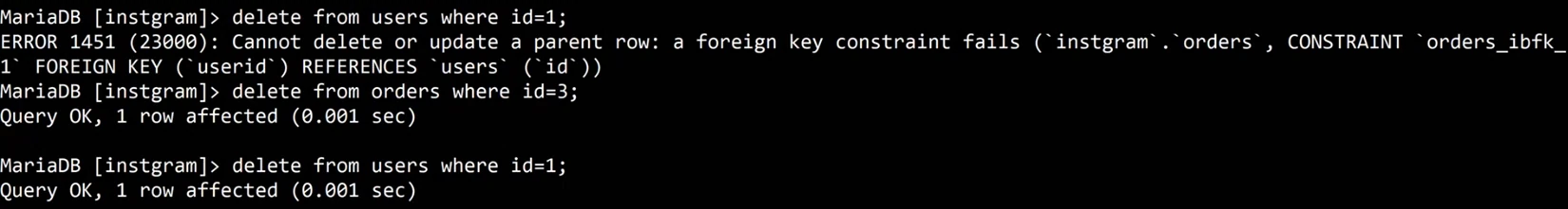 MariaDB terminal: delete from users where id=1; fails: ERROR 1451 (23000): Cannot delete or update a parent row: a foreign key constraint fails (instgram.orders, CONSTRAINT orders_ibfk_1 FOREIGN KEY (userid) REFERENCES users (id)). delete from orders where id=3; Query OK, 1 row affected. delete from users where id=1; Query OK, 1 row affected.