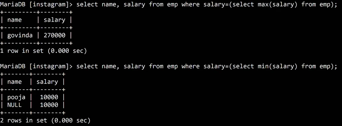 MariaDB terminal: select name, salary from emp where salary=(select max(salary) from emp); prints govinda 270000. select name, salary from emp where salary=(select min(salary) from emp); prints two rows, pooja 10000 and NULL 10000.