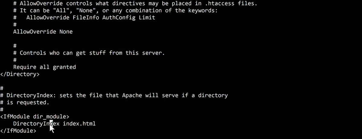 Terminal with nano showing part of httpd.conf: comment lines starting with #, the end of a Directory block with Require all granted, and the block IfModule dir_module containing DirectoryIndex index.html.