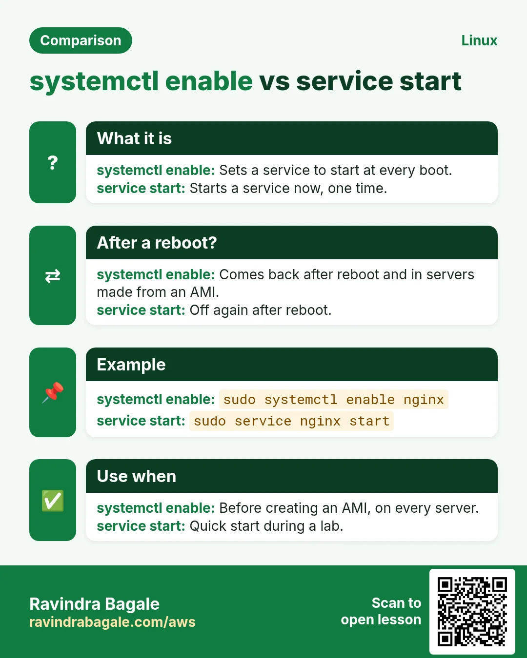 Comparison: systemctl enable vs service start. systemctl enable: Sets a service to start at every boot. service start: Starts a service now, one time.