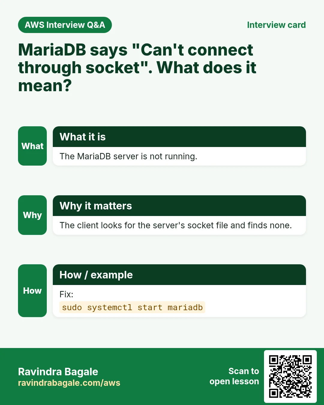 Interview card: MariaDB says "Can't connect through socket". What does it mean?. The MariaDB server is not running. The client looks for the server's socket file and finds none. Fix: